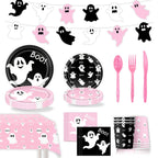 50/73/93Pcs Halloween Boo Party Tableware Supplies Decorations, Spooky Ghost Plates Napkins Boo Ghost Tableware Tablecloth Banner for Halloween Birthday Party Boo Baby Shower Party Supplies