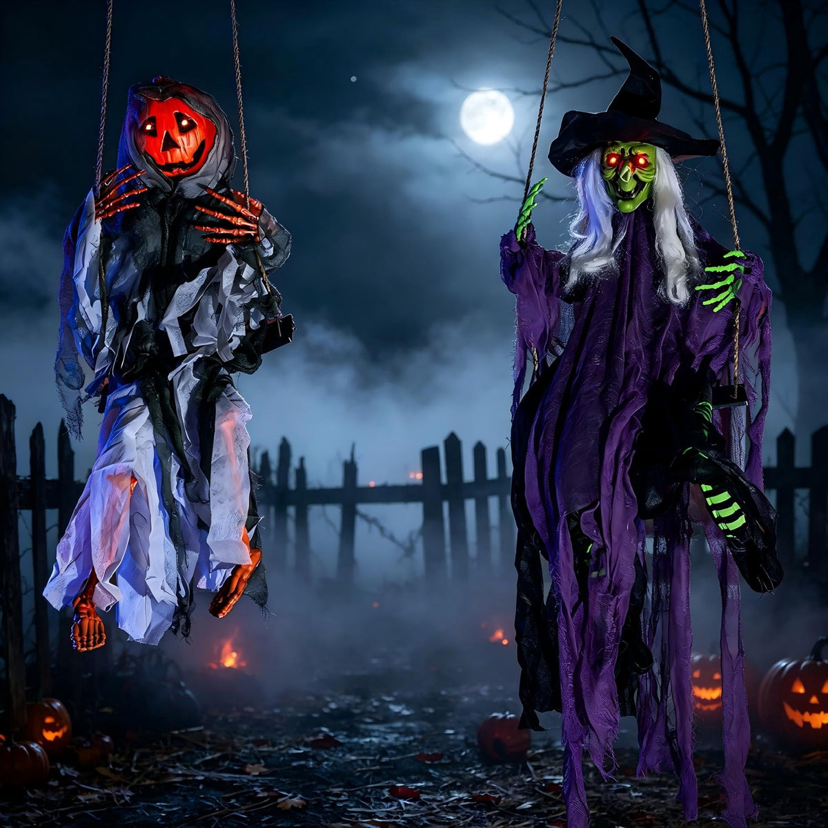Joyfy 2 Packs Halloween Decorations Outdoor Hanging Ghosts, Light Up 3.9ft Witch and 3ft Pumpkin Face Creepy Decorations for Halloween Hanging Decorations Indoor Outdoor Yard