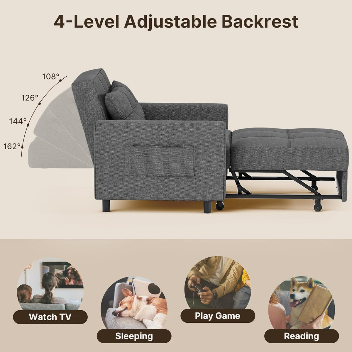 3-in-1 Convertible Pullout Sleeper Chair Bed - 75in x 26in x 17in