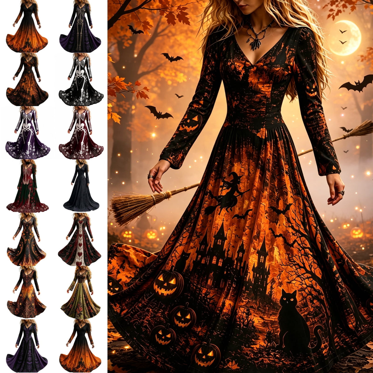 KICILVS Gothic Clothes For Women Black Spiderweb And Spider Print Flowing V Neck Long Maxi Dress Halloween Cosplay Gothic Party Dress