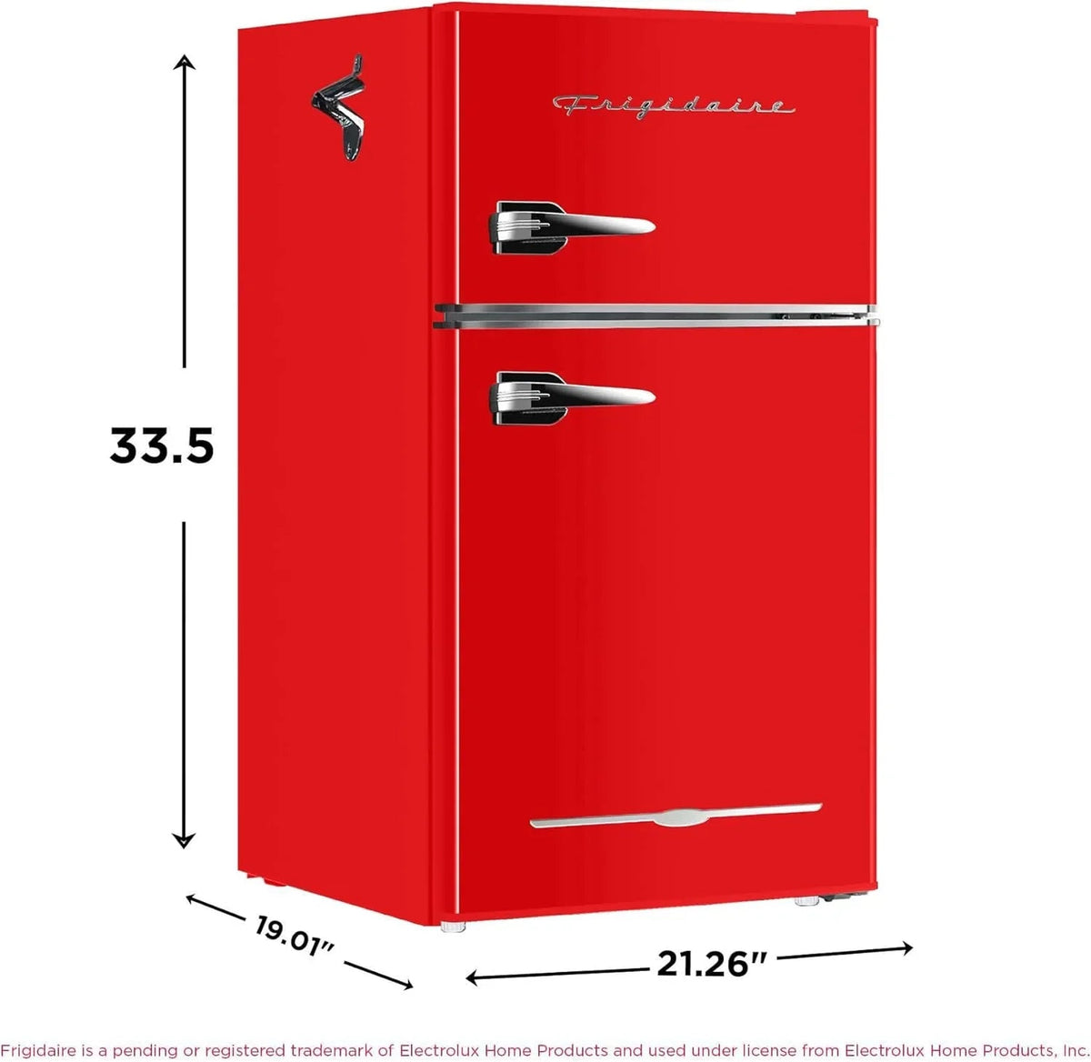 Frigidaire Retro 2 Door Mini Refrigerator With Freezer And Side Bottle Opener, 3.1 Cu Ft, 19in D x 20.5in W x 33.5in H