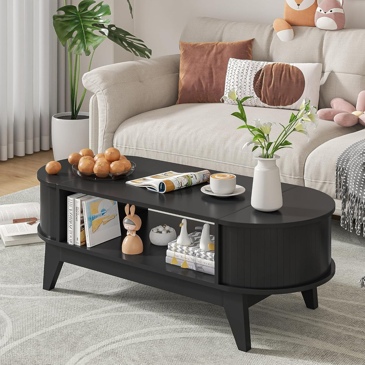 Fluted Oval Coffee Table With Storage, 46.45 x 19.68 x 15.94 in