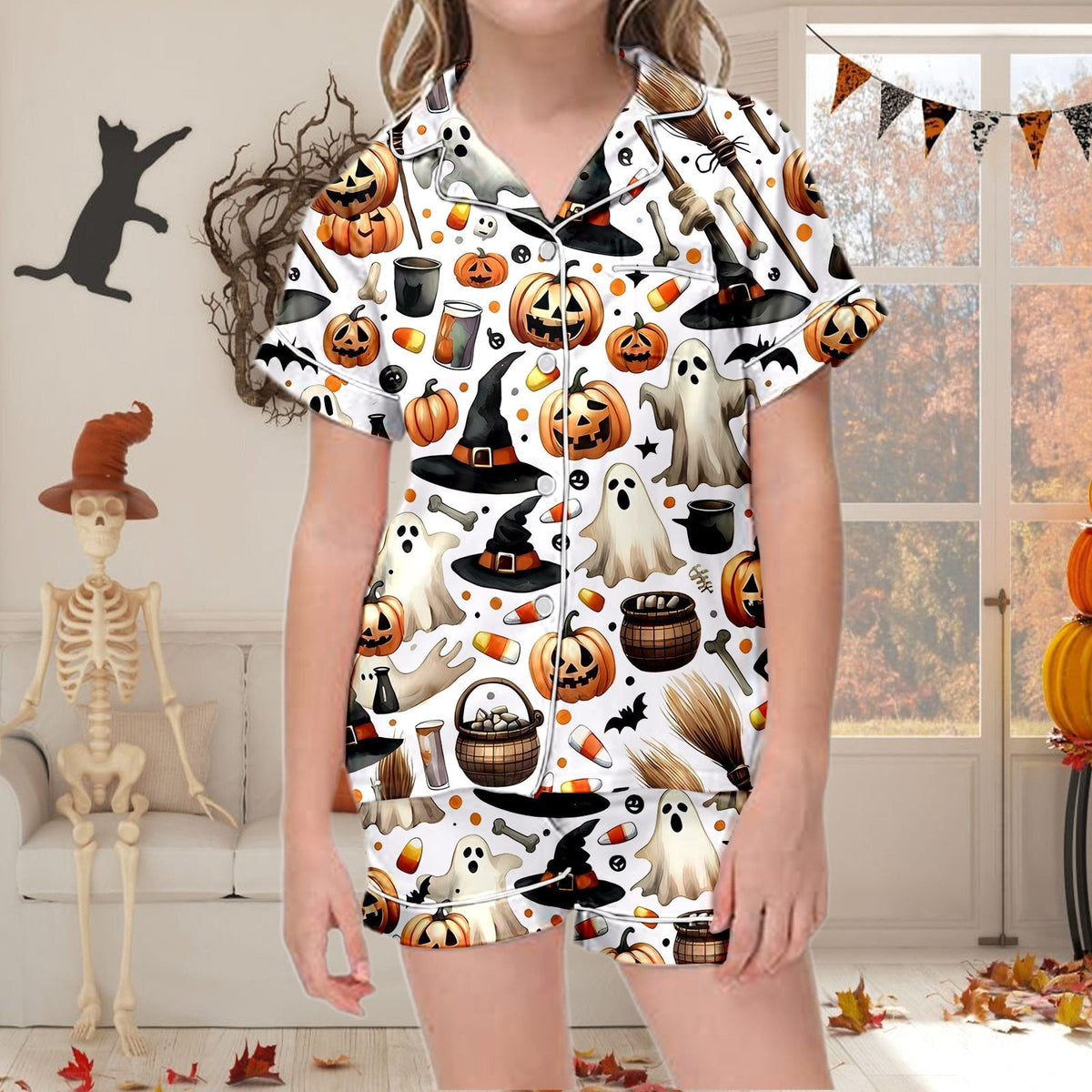CUZIBR Girls Halloween Pajamas Sets Soft Comfortable Ghost Pumpkin Lapel Button Short Sleeve Shirt Elastic Waist Shorts 2 Pieces Sleep Loungewear Relaxed Sleepwear Outfits, Orange-C