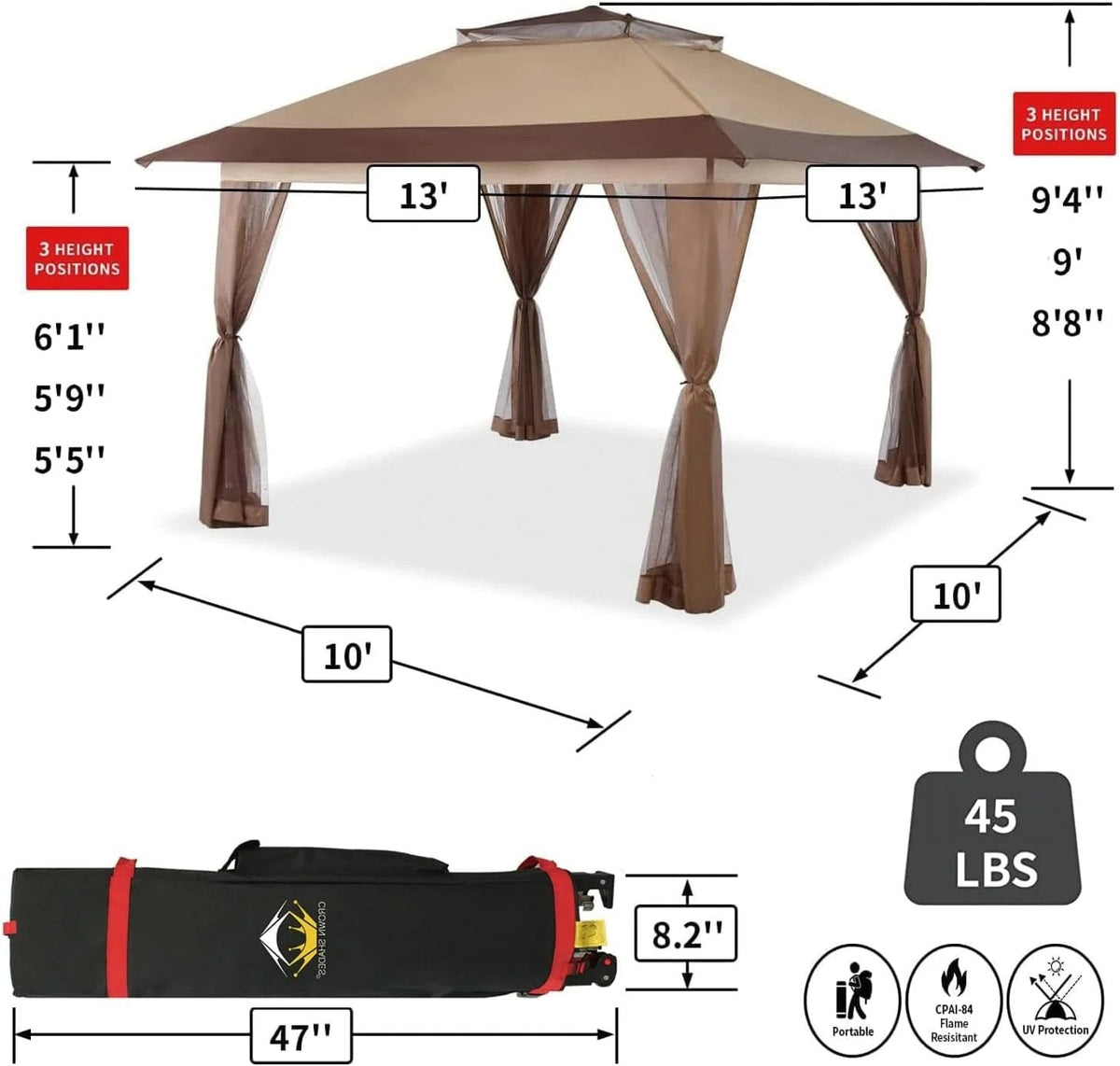 CROWN SHADES 13x13 Pop Up Gazebo Canopy Tent - Beige & Coffee