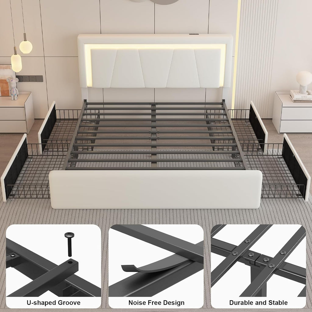 Full Upholstered Platform Bed Frame With 4 Storage Drawers, LED Lights, Adjustable Headboard And Charging Station - White
