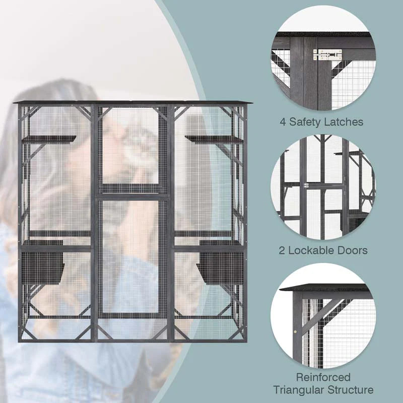 Outdoor Wooden Cat Catio Enclosure, 71 x 38 x 71 in, 7 Platforms, Grey
