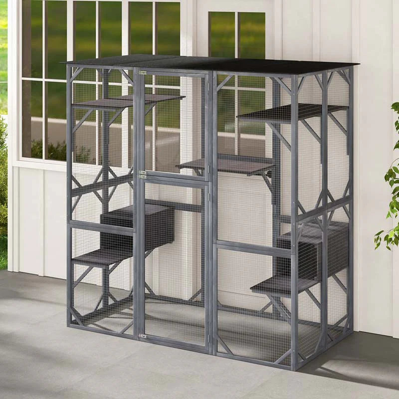 Outdoor Wooden Cat Catio Enclosure, 71 x 38 x 71 in, 7 Platforms, Grey