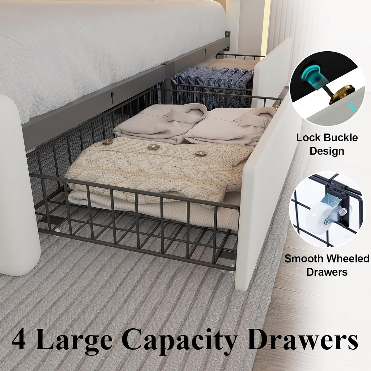 Full Upholstered Platform Bed Frame With 4 Storage Drawers, LED Lights, Adjustable Headboard And Charging Station - White