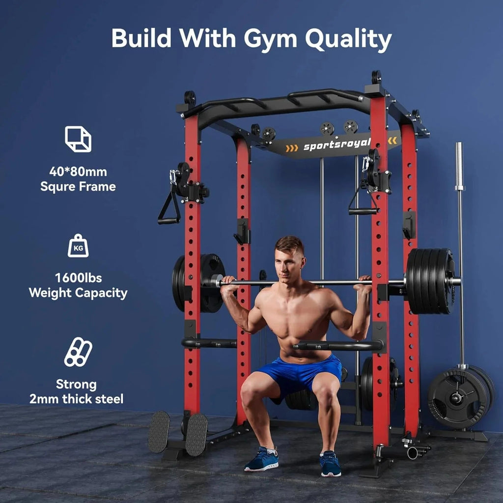 Sportsroyals Power Cage With Adjustable Cable Crossover System, 1600 lbs, Red, 61.6 x 56.0 x 82.6 in - Power Cage
