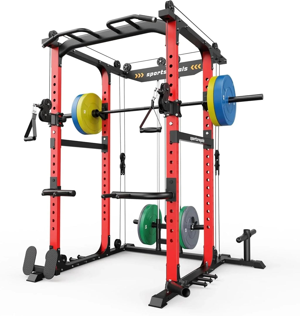 Sportsroyals Power Cage With Adjustable Cable Crossover System, 1600 lbs, Red, 61.6 x 56.0 x 82.6 in - Power Cage