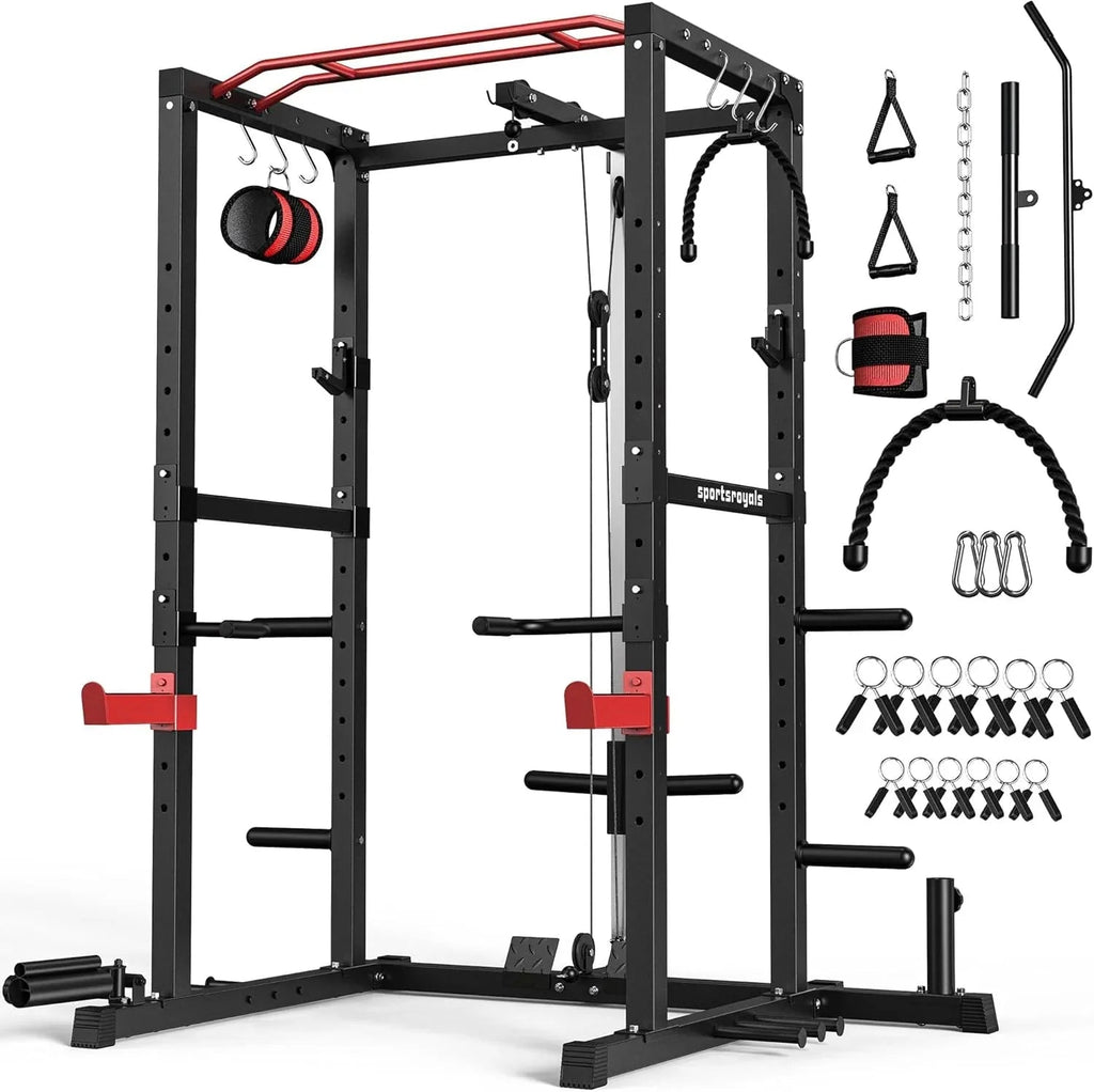 Sportsroyals Power Cage With Adjustable Cable Crossover System, 1600 lbs, Red, 61.6 x 56.0 x 82.6 in - Power Cage