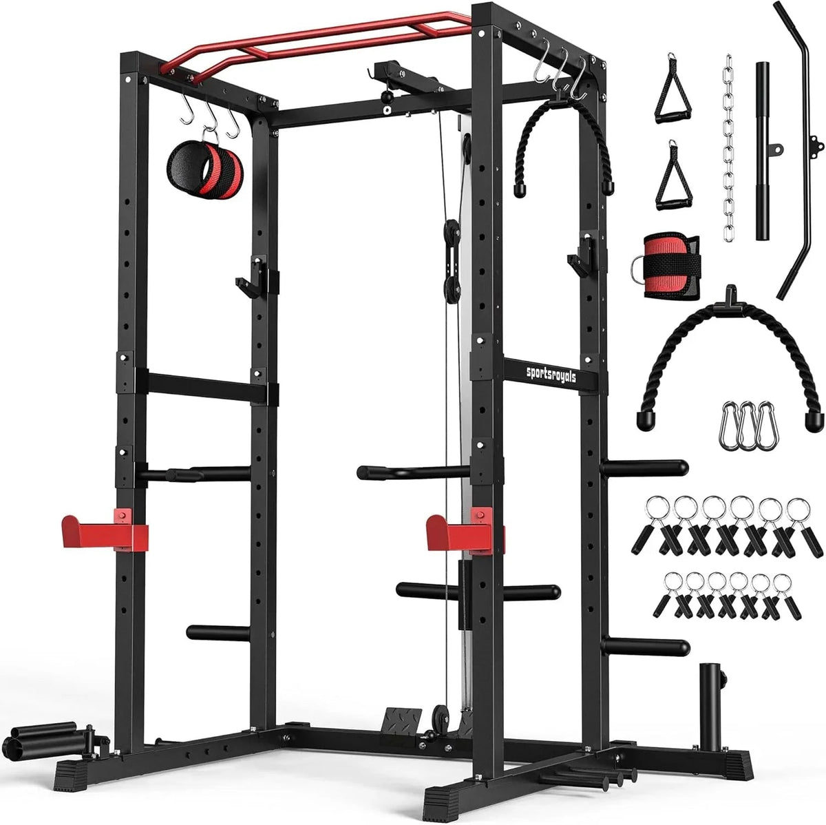 Sportsroyals Power Cage With Adjustable Cable Crossover System, 1600 lbs, Red, 61.6 x 56.0 x 82.6 in - Power Cage
