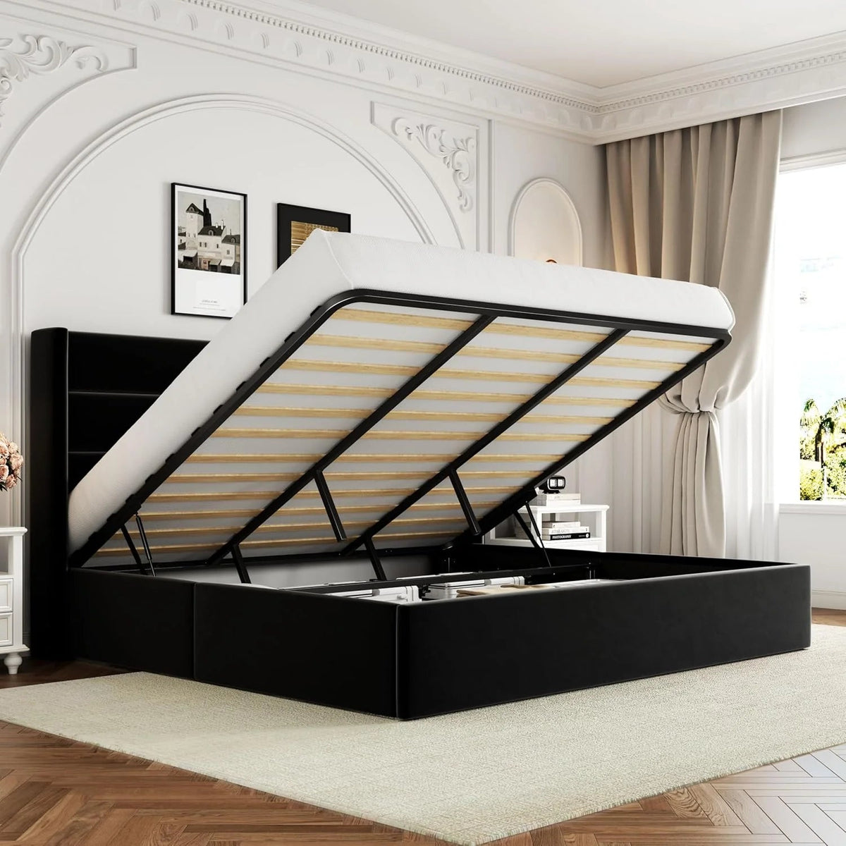 Allewie Queen Lift Up Storage Bed Frame With Wingback Headboard, Light Beige - 80.7 x 60.6 x 44.5 in