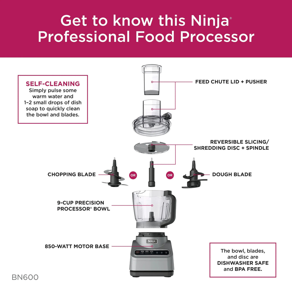 Ninja Professional Food Processor 9 Cup, 850 Watts, Silver - BN600
