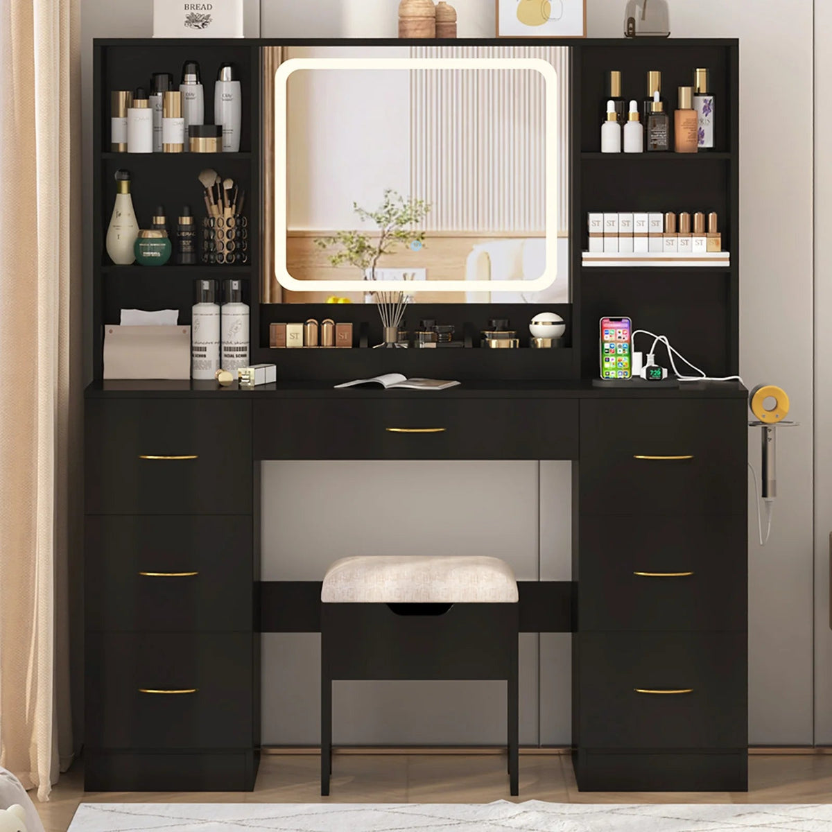 ChVans 47in Vanity Desk Set With LED Lighted Mirror, 7 Drawers, 6 Shelves, Cushioned Storage Stool - Black