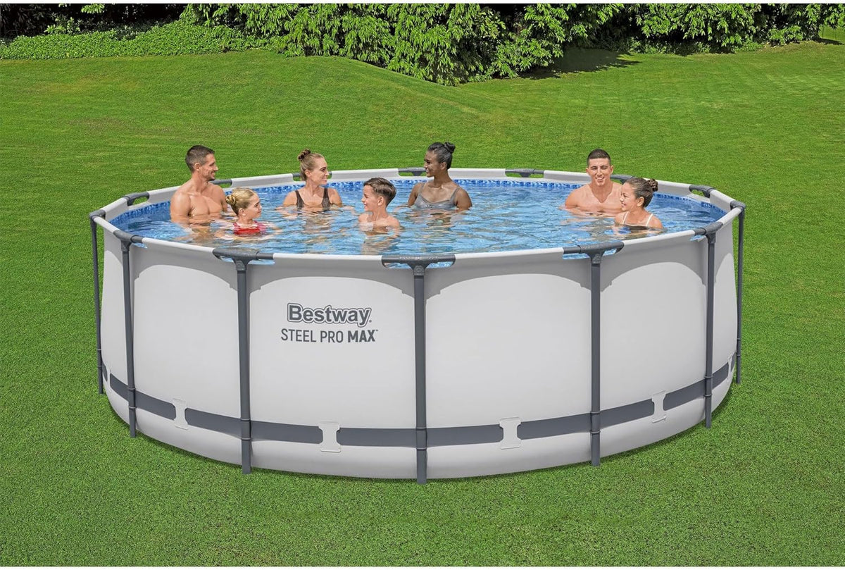 Steel Pro MAX 14 Foot x 48 Inch Round Steel Frame Above Ground Pool Set With 1,000 Filter Pump, Ladder And Cover - Gray
