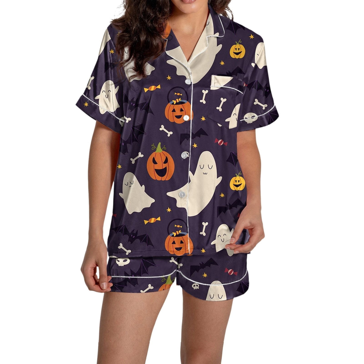 ChenYiFH Halloween Pajama Sets For Women 2 Piece Pumpkin Print Shirts And Pajamas Shorts Button Down Short Sleeve Sleepwear Black S