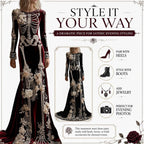 Women Skeleton Dress 3D Print Velvet Floral Long Sleeve Halloween Costumes, Skeleton Costume for Women Cosplay Party
