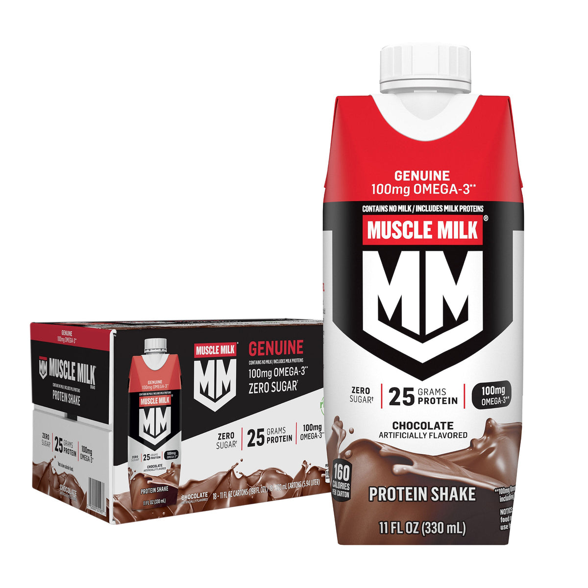 Muscle Milk Genuine Protein Shake Chocolate, 11 fl oz, 18-Pack