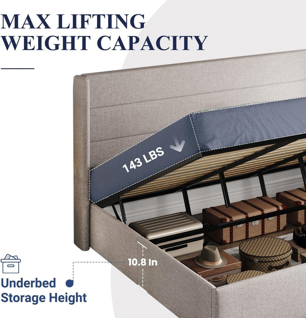 Allewie Queen Lift Up Storage Bed Frame With Wingback Headboard, Light Beige - 80.7 x 60.6 x 44.5 in