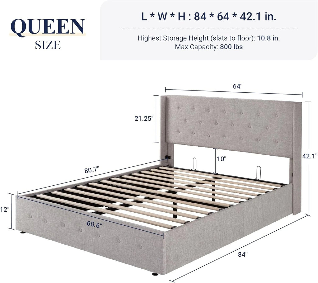 Allewie Queen Lift Up Storage Bed Frame With Wingback Headboard, Light Beige - 80.7 x 60.6 x 44.5 in