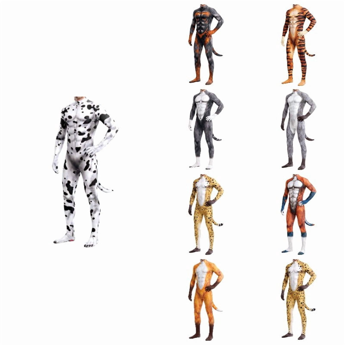 Krdevn Men 3D Animal Cosplay Bodysuit, Full‑Body Stretch Jumpsuit Costume with Tail for Halloween