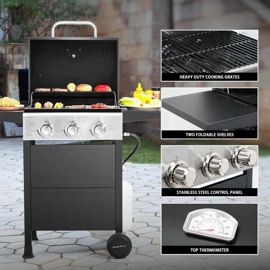 MASTER COOK 3-Burner Propane Gas Grill, 30,000 BTU, Black