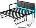 Rolanstar Twin Height-Adjustable Metal Daybed With Trundle, Charging Station And LED Lights