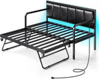 Rolanstar Twin Height-Adjustable Metal Daybed With Trundle, Charging Station And LED Lights