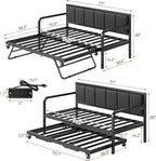 Rolanstar Twin Height-Adjustable Metal Daybed With Trundle, Charging Station And LED Lights