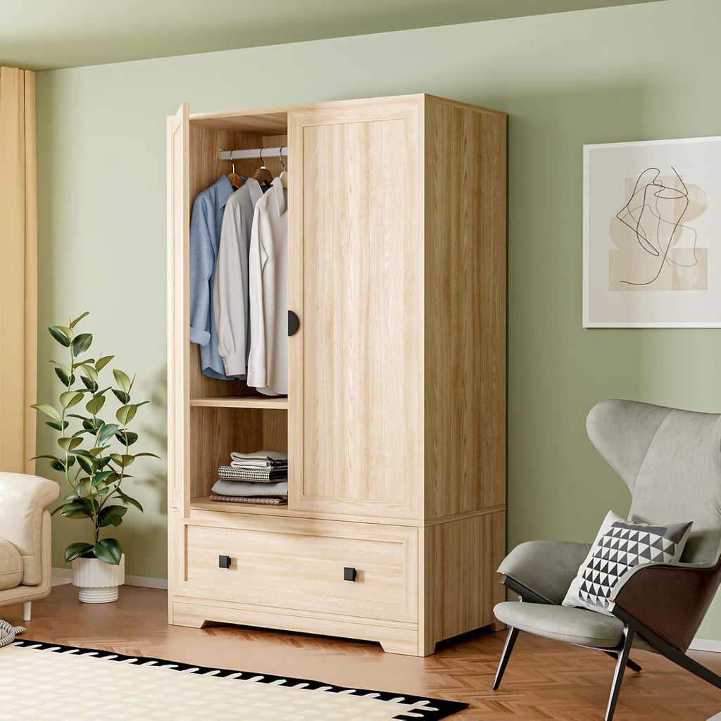 VINGLI Armoire Wardrobe Closet With Doors, Hanging Rod, Shelves And Drawer, Oak, 38in W x 21in D x 65in H