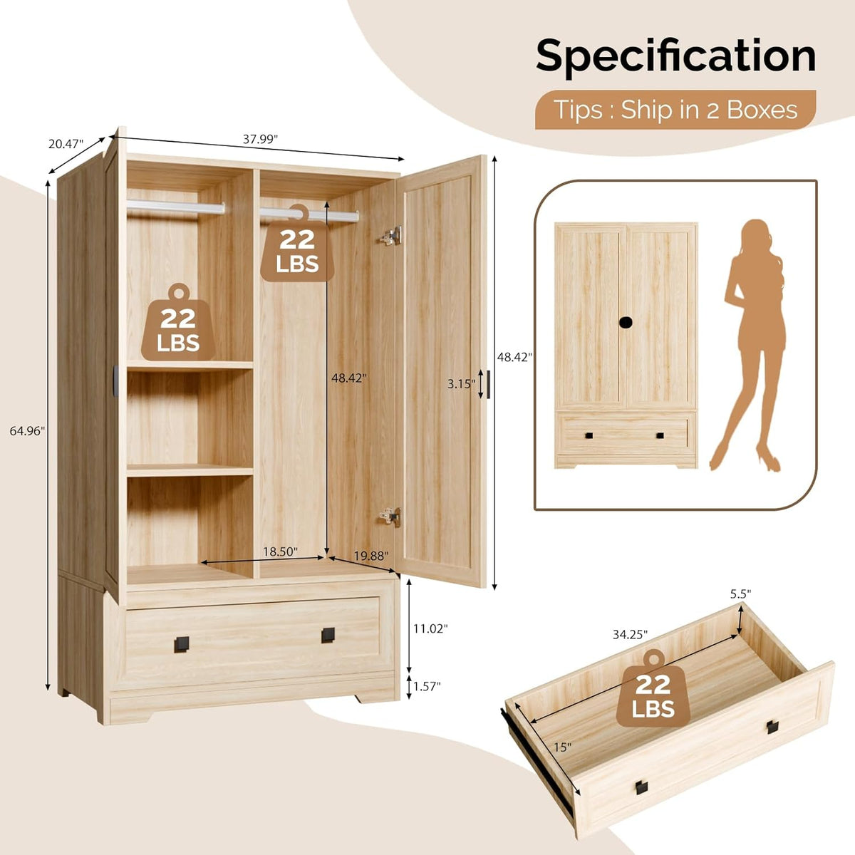 VINGLI Armoire Wardrobe Closet With Doors, Hanging Rod, Shelves And Drawer, Oak, 38in W x 21in D x 65in H