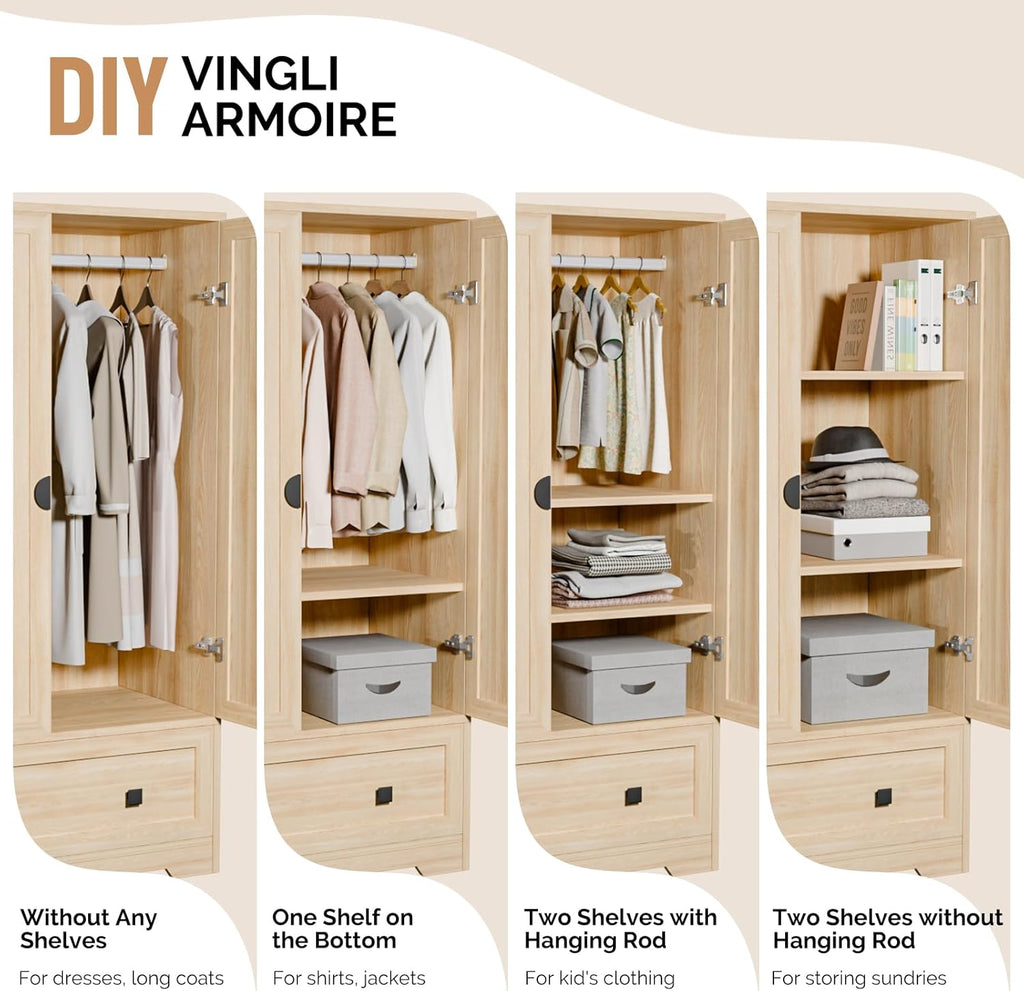 VINGLI Armoire Wardrobe Closet With Doors, Hanging Rod, Shelves And Drawer, Oak, 38in W x 21in D x 65in H
