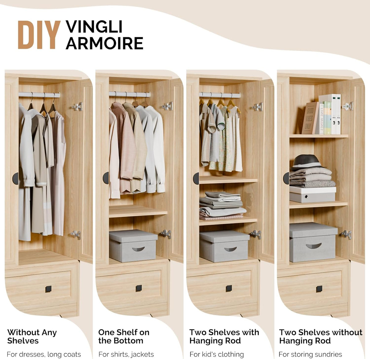 VINGLI Armoire Wardrobe Closet With Doors, Hanging Rod, Shelves And Drawer, Oak, 38in W x 21in D x 65in H