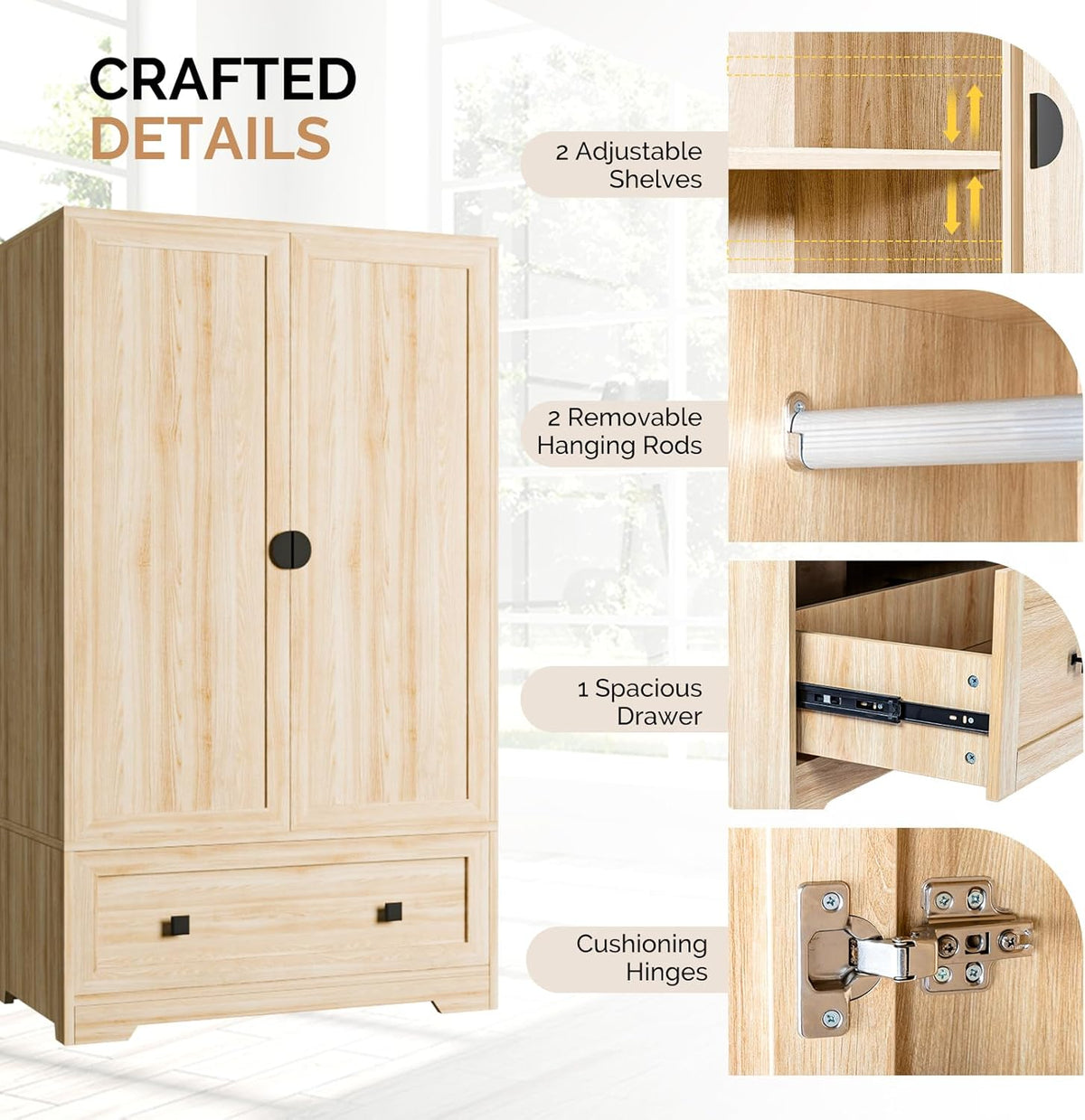VINGLI Armoire Wardrobe Closet With Doors, Hanging Rod, Shelves And Drawer, Oak, 38in W x 21in D x 65in H