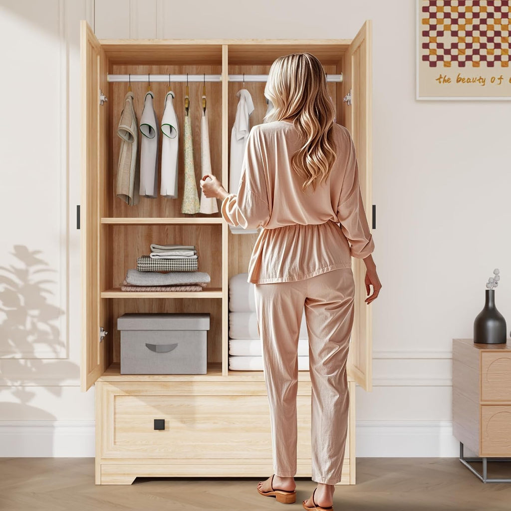 VINGLI Armoire Wardrobe Closet With Doors, Hanging Rod, Shelves And Drawer, Oak, 38in W x 21in D x 65in H
