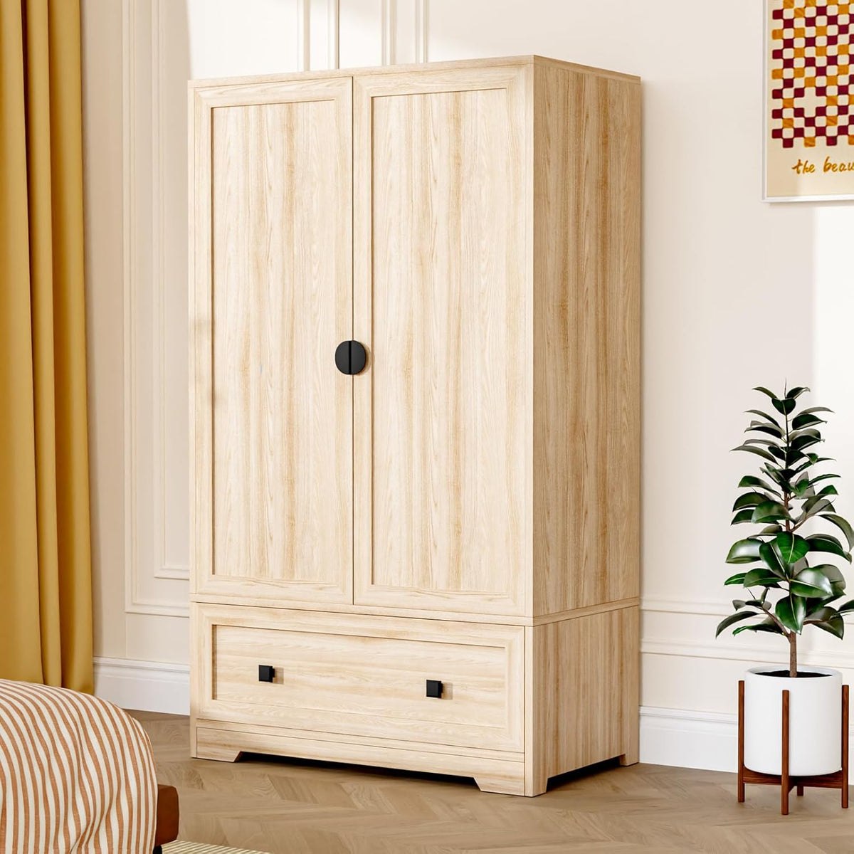 VINGLI Armoire Wardrobe Closet With Doors, Hanging Rod, Shelves And Drawer, Oak, 38in W x 21in D x 65in H