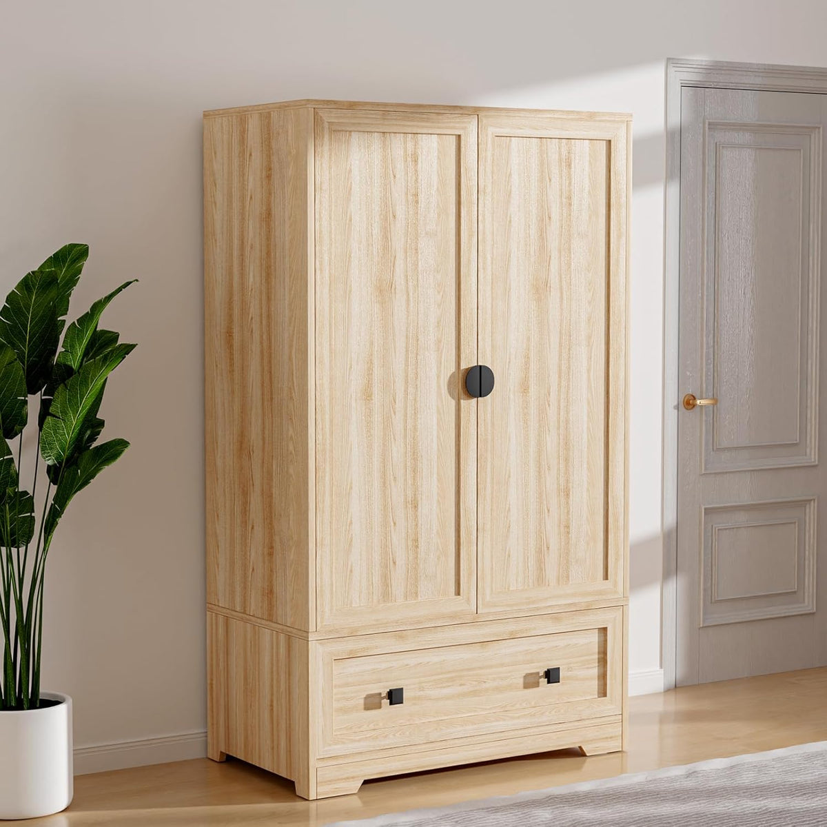 VINGLI Armoire Wardrobe Closet With Doors, Hanging Rod, Shelves And Drawer, Oak, 38in W x 21in D x 65in H
