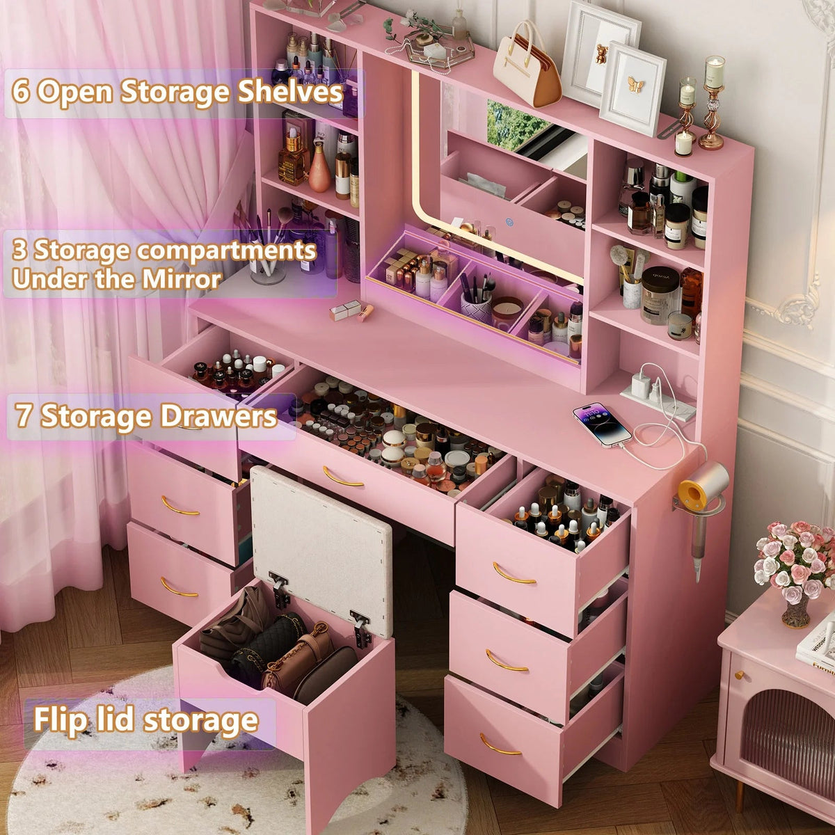 ChVans 47in Vanity Desk Set With LED Lighted Mirror, 7 Drawers, 6 Shelves, Cushioned Storage Stool - Black