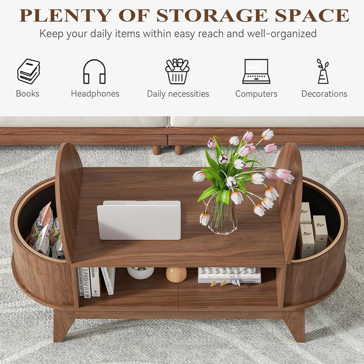 Fluted Oval Coffee Table With Storage, 46.45 x 19.68 x 15.94 in