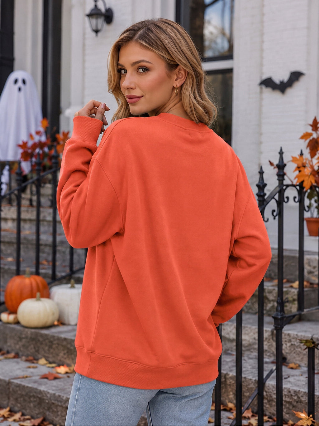 MOUSYA Halloween Sweatshirt Women Spooky Season Shirt Pumpkin Fall Sweatshirt Ghost Long Sleeve Pullover Tops