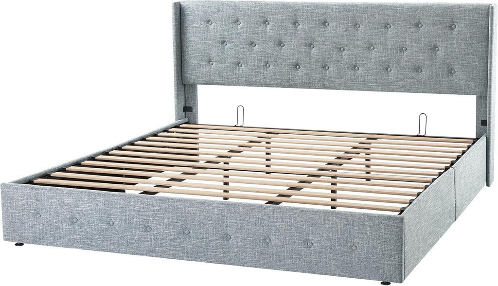 Allewie Queen Lift Up Storage Bed Frame With Wingback Headboard, Light Beige - 80.7 x 60.6 x 44.5 in
