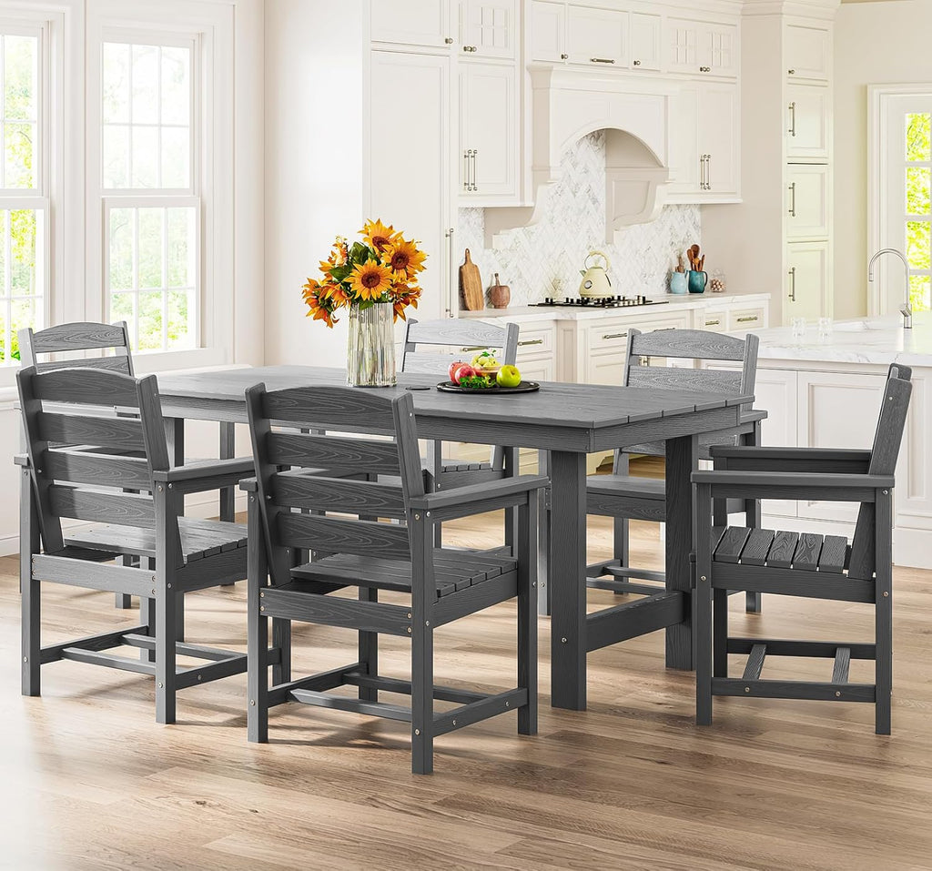 SERWALL 7-Piece HDPE Outdoor Dining Set With Umbrella Hole - Gray