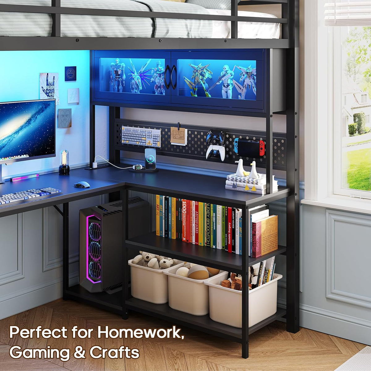 ADORNEVE Twin Size Metal Loft Bed With 75.6 x 41 in L-Shaped Gaming Desk, Drawers, Hutch And RGB Lights - Black