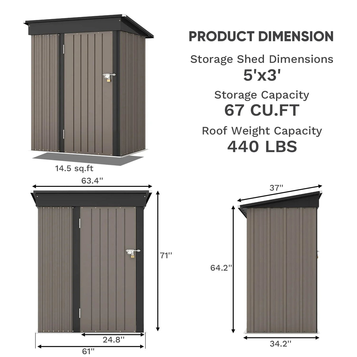 Patiowell Outdoor Storage Shed 5x3 FT Galvanized Steel Coffee Brown
