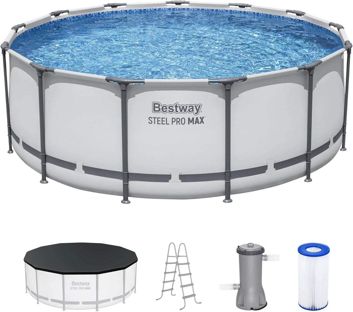 Steel Pro MAX 14 Foot x 48 Inch Round Steel Frame Above Ground Pool Set With 1,000 Filter Pump, Ladder And Cover - Gray