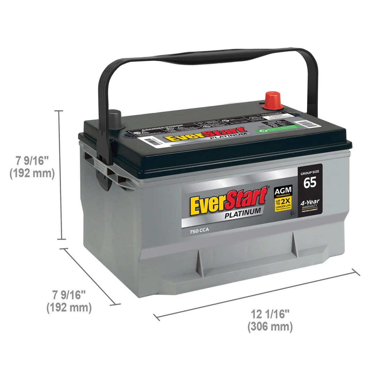 EverStart Platinum AGM Automotive Battery, Group Size 65, 12 Volt, 750 CCA