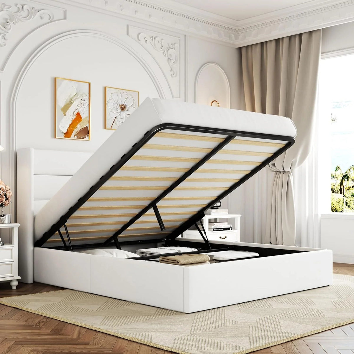 Allewie Queen Lift Up Storage Bed Frame With Wingback Headboard, Light Beige - 80.7 x 60.6 x 44.5 in