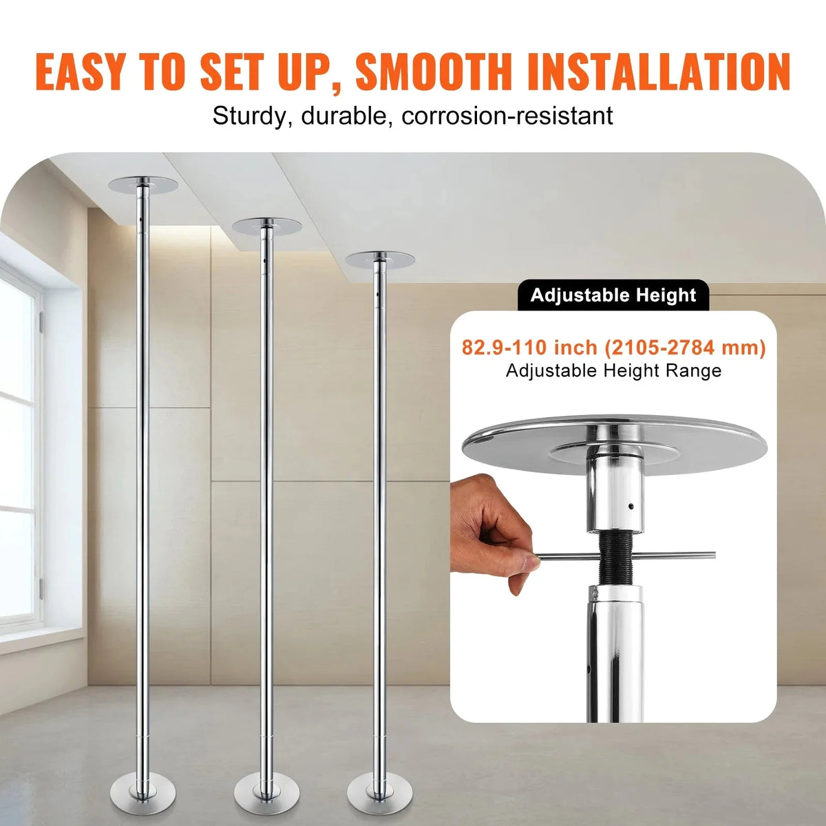 KFFKFF Dance Pole Set, 45mm Stainless Steel, Silver - HM-590S