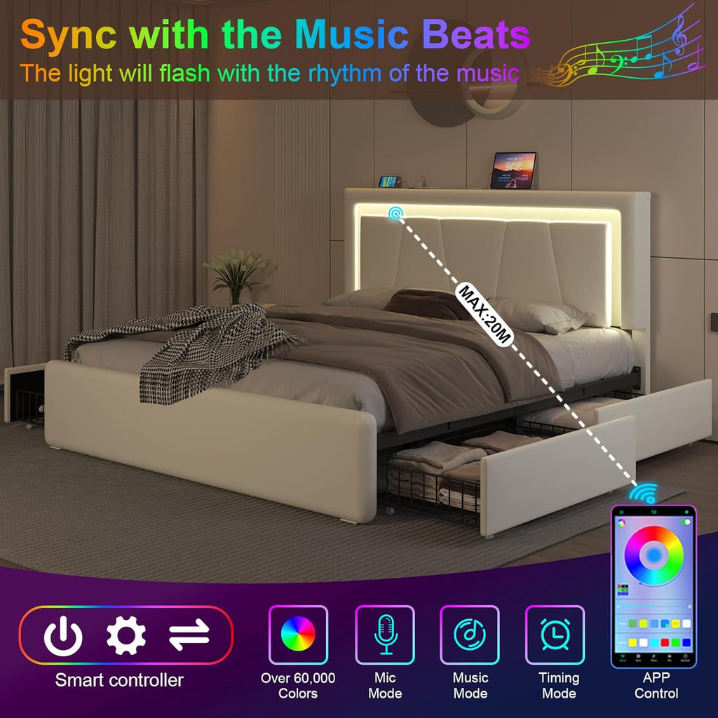 Full Upholstered Platform Bed Frame With 4 Storage Drawers, LED Lights, Adjustable Headboard And Charging Station - White